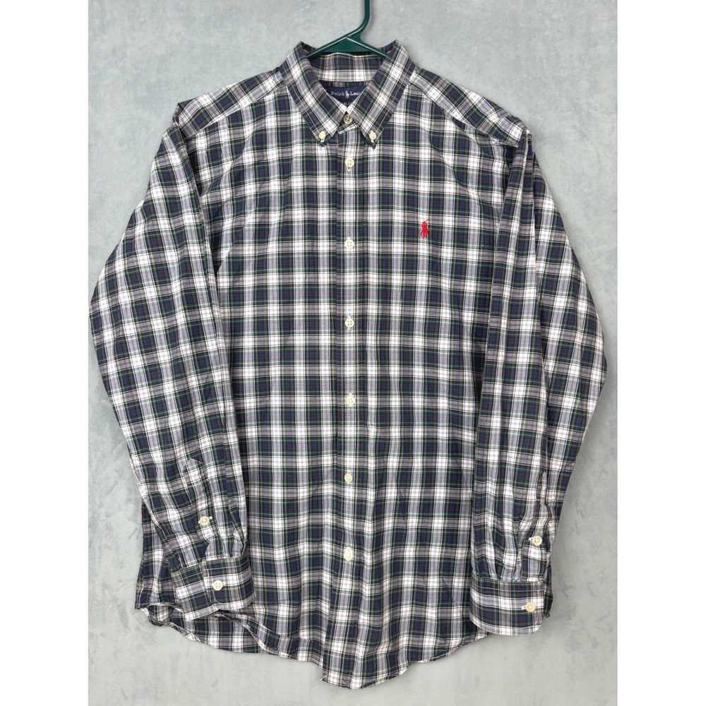 Ralph Lauren Boys XL 20 Plaid Button Down Shirt Navy Green White Red Pony Cotton